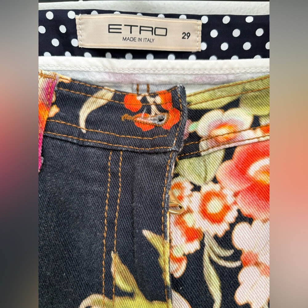 Etro Milano Designer Black Multicolor Floral Skinny Pants Size 29 Made In Italy - Picture 6 of 15